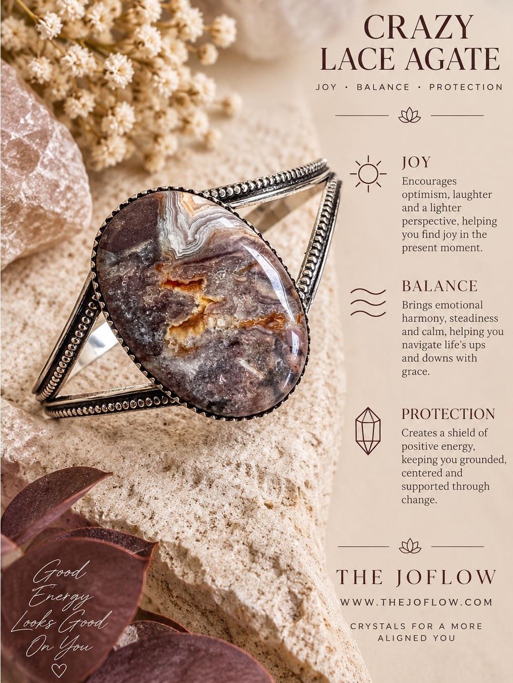 925 Joyful Crazy Lace Agate Cuff Bracelet
